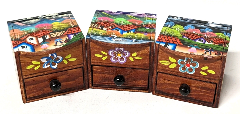 3 New Gorgeous and Brightly Coloured Handpainted Wooden Trinket Boxes with 2 Compartments