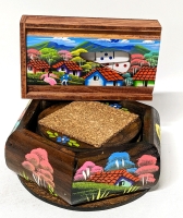 New Gorgeous + Brightly Coloured Handpainted Wooden Coasters Set in Holder & Mini Dominoes Set in Box