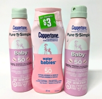 3 New Coppertone Baby 50 SPF Sunscreens : Pure & Simple Baby Mineral Sunscreen Spray (142g) + Water Babies Lotion Sunscreen (237ml)