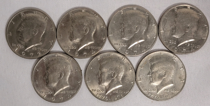 1972 - 1976 USA Kennedy Half Dollar Coins , Seven (7) Coins