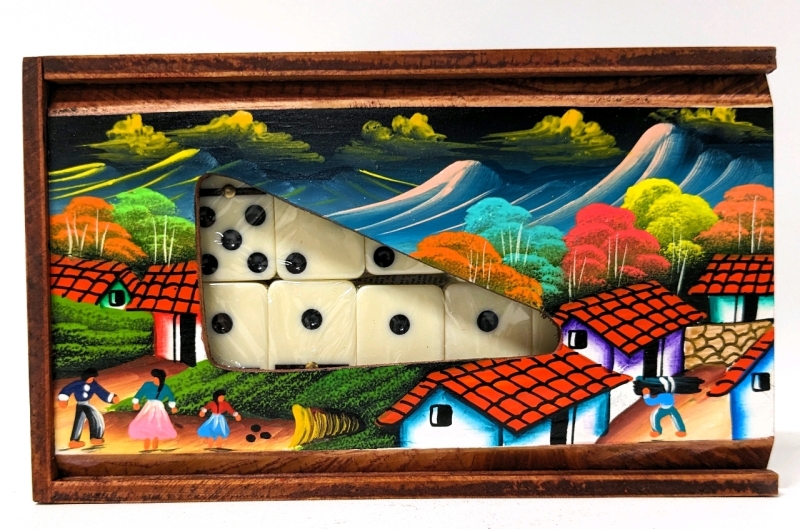New Gorgeous + Brightly Coloured Handpainted Wooden Box with Full-Size Dominoes