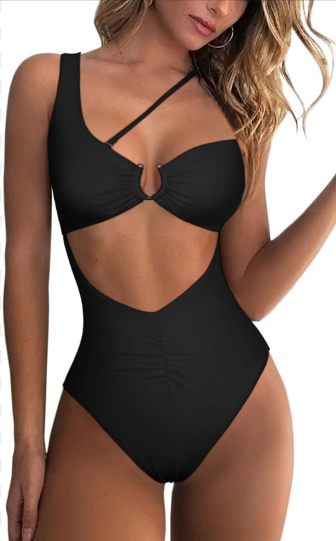 NEW QINSEN womens one shoulder cutout ruched back swimsuit size medium black
