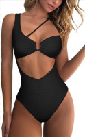 NEW QINSEN womens one shoulder cutout ruched back swimsuit size medium black