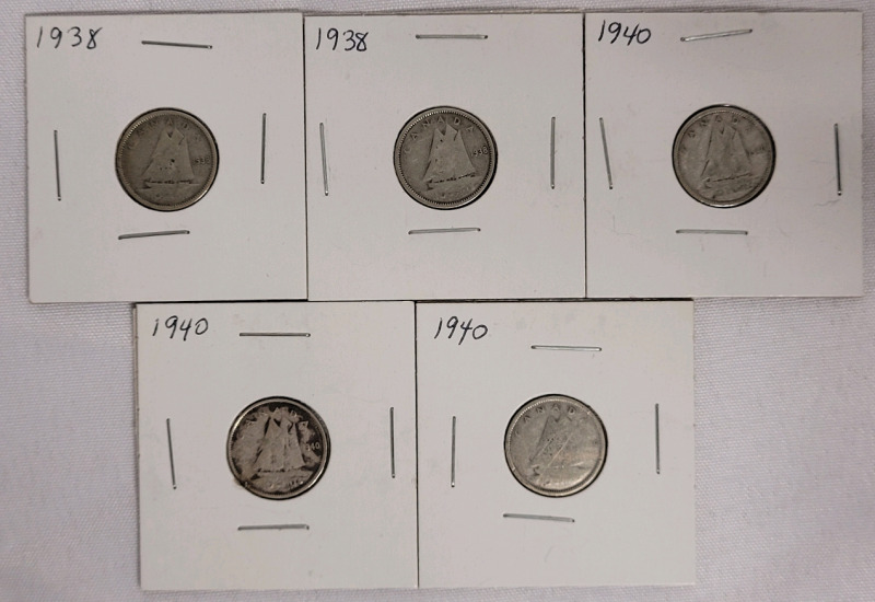 1938 & 1940 Canadian Silver Dimes . Five (5) Coins in 2&times;2 Coin Holders