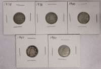 1938 & 1940 Canadian Silver Dimes . Five (5) Coins in 2&times;2 Coin Holders