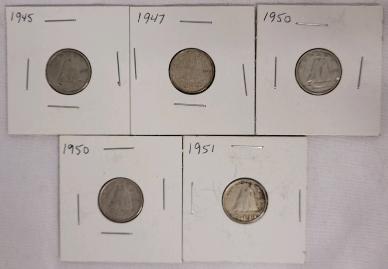 1945 - 1951 Canadian Silver Dimes . Five (5) Dimes in 2&times;2 Coin Holders
