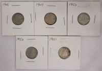 1945 - 1951 Canadian Silver Dimes . Five (5) Dimes in 2&times;2 Coin Holders
