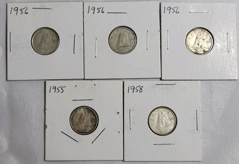 1955 - 1958 Canadian Silver Dimes . Five (5) Dimes in 2&times;2 Coin Holders