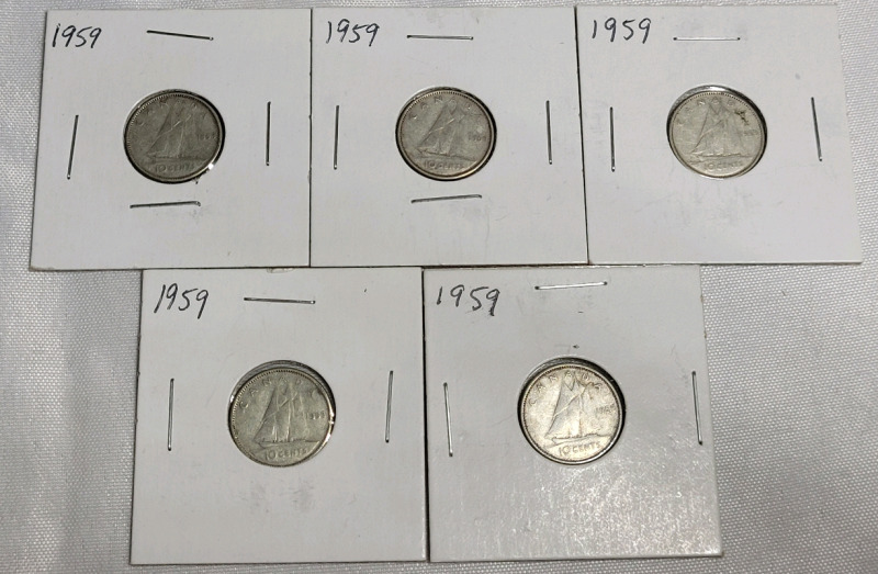 1959 Canadian Silver Dimes . Five (5) Dimes in 2&times;2 Coin Holders