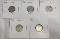 1959 Canadian Silver Dimes . Five (5) Dimes in 2&times;2 Coin Holders