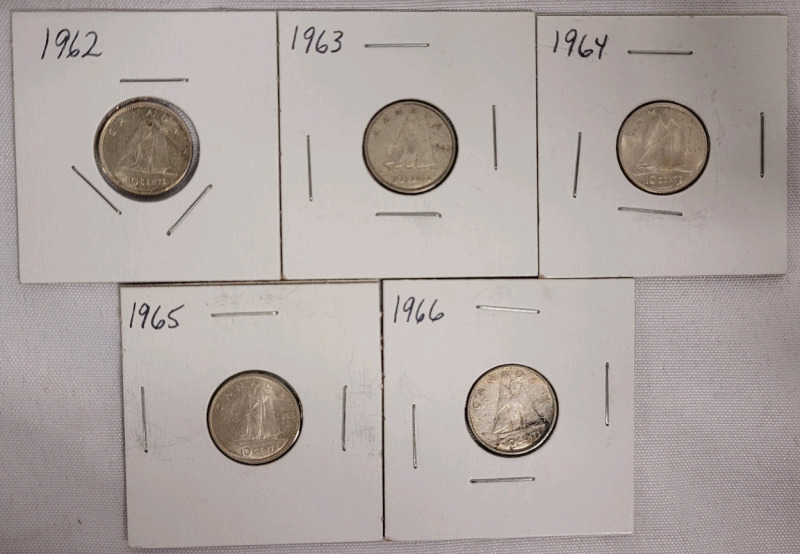 1962 - 1966 Canadian Silver Dimes . Five (5) Dimes in 2&times;2 Coin Holders