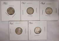 1962 - 1966 Canadian Silver Dimes . Five (5) Dimes in 2&times;2 Coin Holders