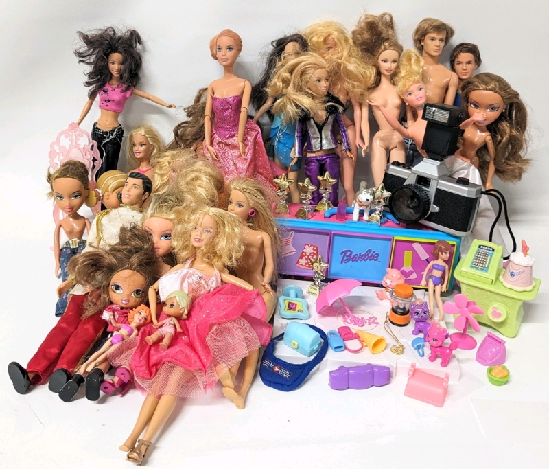 Vintage to Newer Barbie, Bratz & Mattel Dolls + Assorted Clothes & Accessories in Lidded 40L Bin