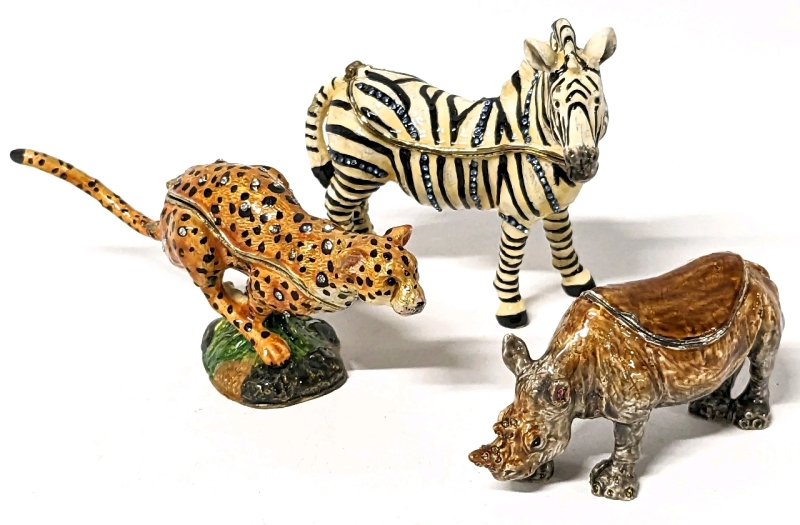 3 Enameled African Animal Themed Trinket Boxes : Cheetah, Rhino & Zebra