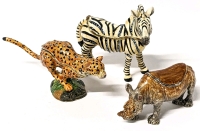 3 Enameled African Animal Themed Trinket Boxes : Cheetah, Rhino & Zebra