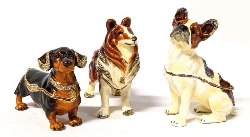 3 Enameled Dog Themed Trinket Boxes : Wiener Dog, Collie & French Bulldog