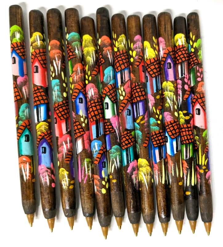 12 New Gorgeous + Brightly Coloured Handpainted Wooden Ballpoint Pens (Black & Blue Ink)
