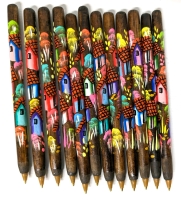 12 New Gorgeous + Brightly Coloured Handpainted Wooden Ballpoint Pens (Black & Blue Ink)