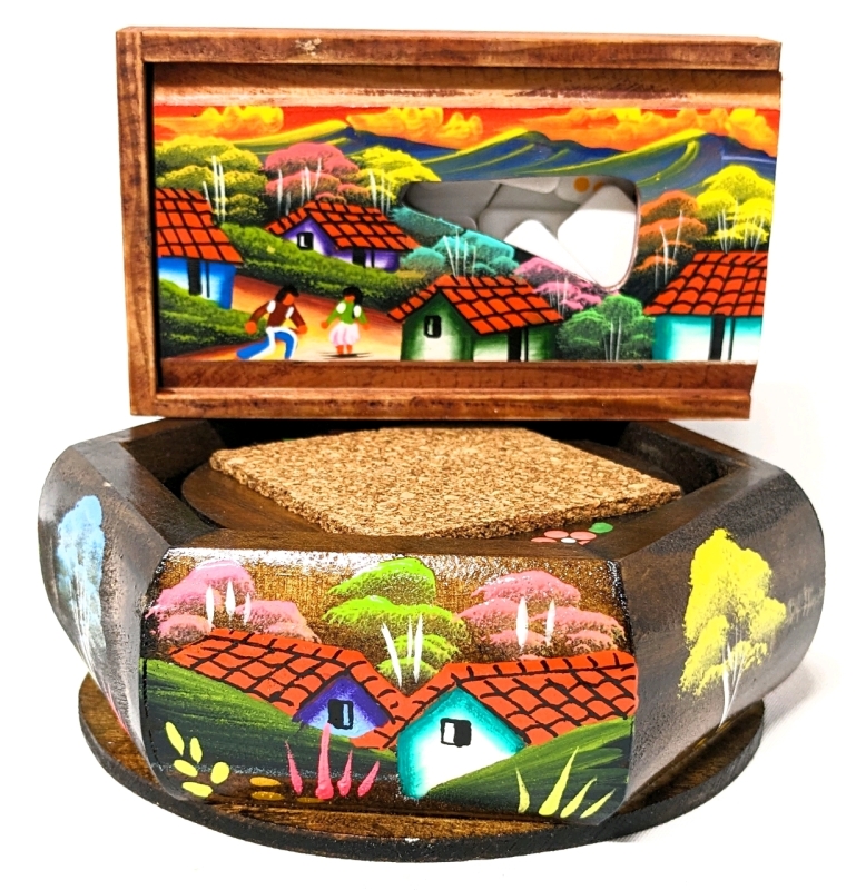 New Gorgeous + Brightly Coloured Handpainted Wooden Coasters Set in Holder & Mini Dominoes Set in Box