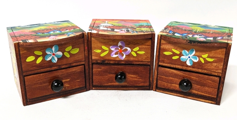3 New Gorgeous and Brightly Coloured Handpainted Wooden Trinket Boxes with 2 Compartments