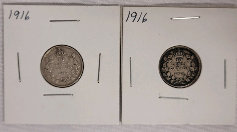 1916 Canadian Silver Dimes . Two (2) Dimes in 2&times;2 Coin Holders