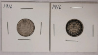 1916 Canadian Silver Dimes . Two (2) Dimes in 2&times;2 Coin Holders
