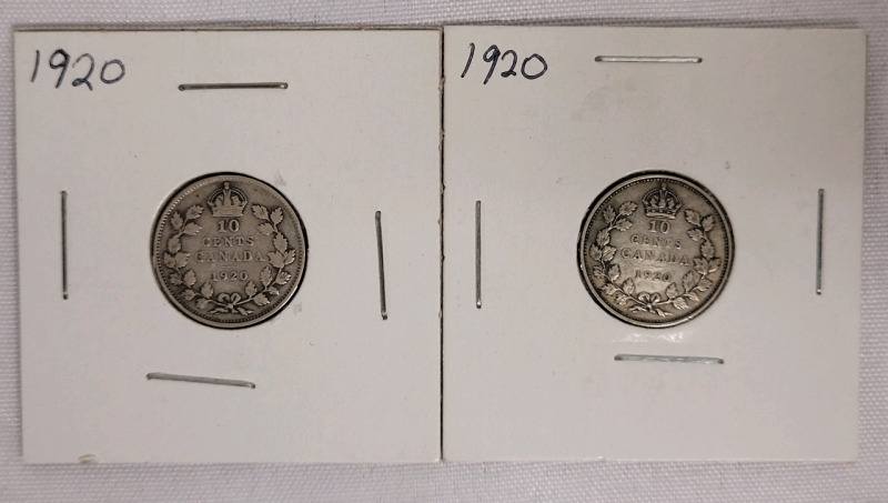1920 Canadian Silver Dimes . Two (2) Dimes in 2&times;2 Coin Holders