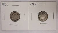 1920 Canadian Silver Dimes . Two (2) Dimes in 2&times;2 Coin Holders