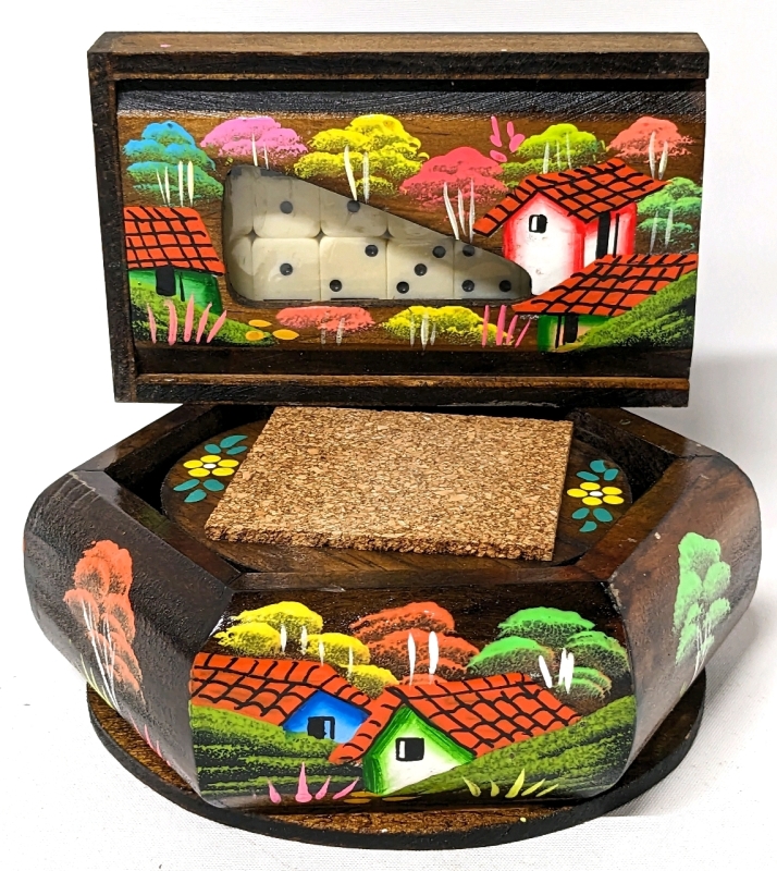 New Gorgeous + Brightly Coloured Handpainted Wooden Coasters Set in Holder & Mini Dominoes Set in Box