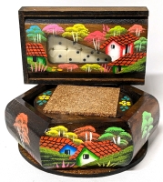 New Gorgeous + Brightly Coloured Handpainted Wooden Coasters Set in Holder & Mini Dominoes Set in Box