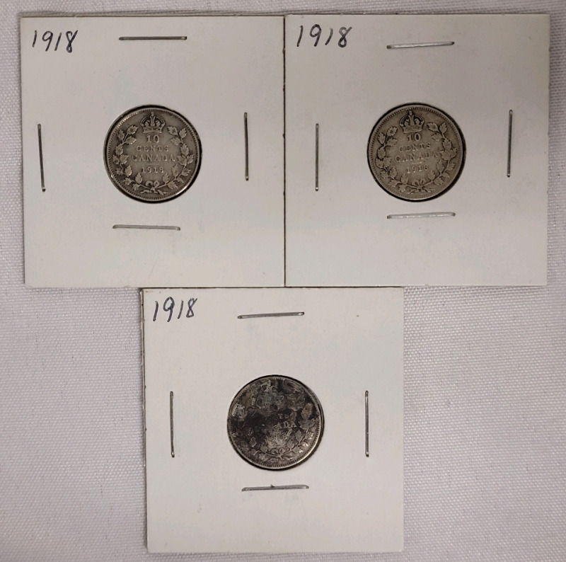 1918 Canadian Silver Dimes . Three (3) Dimes in 2&times;2 Coin Holders