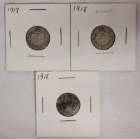 1918 Canadian Silver Dimes . Three (3) Dimes in 2&times;2 Coin Holders