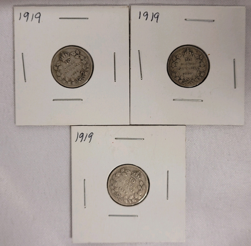 1919 Canadian Silver Dimes . Three (3) Dimes in 2&times;2 Coin Holders
