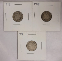 1919 Canadian Silver Dimes . Three (3) Dimes in 2&times;2 Coin Holders