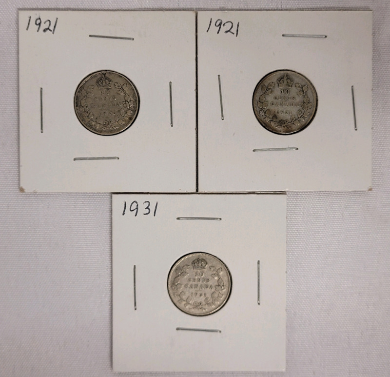 1921 & 1931 Canadian Silver Dimes . Three (3) Dimes in 2&times;2 Coin Holders