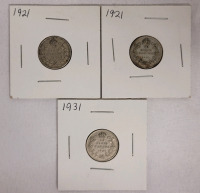 1921 & 1931 Canadian Silver Dimes . Three (3) Dimes in 2&times;2 Coin Holders