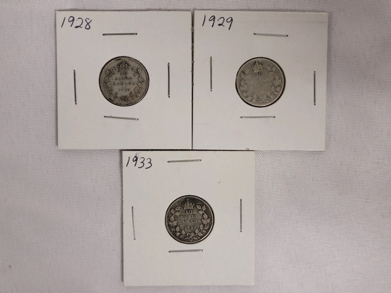 1928 , 1929 & 1933 Canadian Silver Dimes . Three (3) Dimes in 2&times;2 Coin Holders
