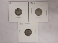 1928 , 1929 & 1933 Canadian Silver Dimes . Three (3) Dimes in 2&times;2 Coin Holders