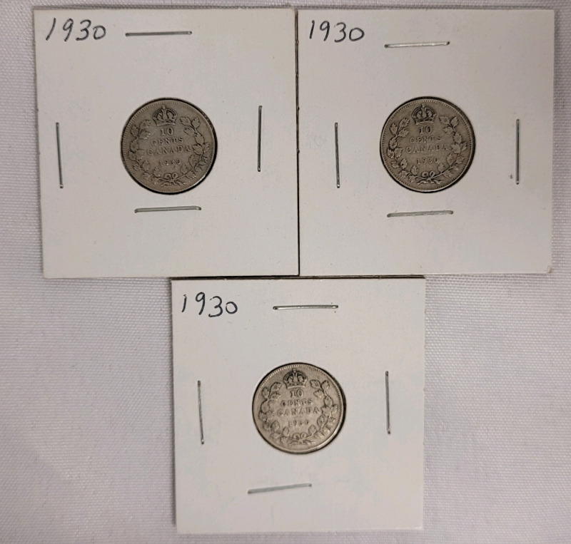 1930 Canadian Silver Dimes . Three (3) Dimes in 2&times;2 Coin Holders
