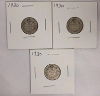 1930 Canadian Silver Dimes . Three (3) Dimes in 2&times;2 Coin Holders