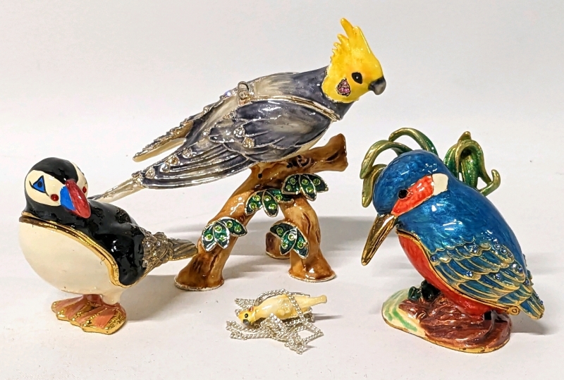 3 Enameled Bird Themed Trinket Boxes: Kingfisher, Puffin & Cockatiel with Necklace