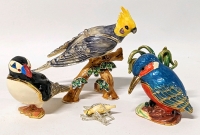 3 Enameled Bird Themed Trinket Boxes: Kingfisher, Puffin & Cockatiel with Necklace