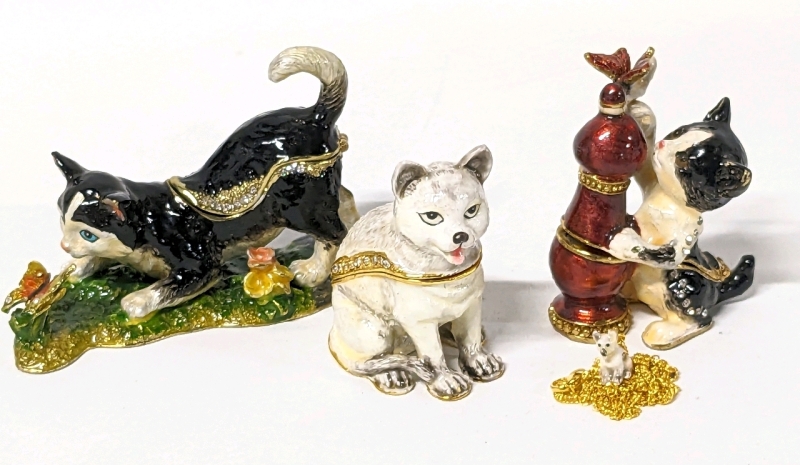 3 Enameled Cat Themed Trinket Boxes : 1 Comes with Kitten Necklace