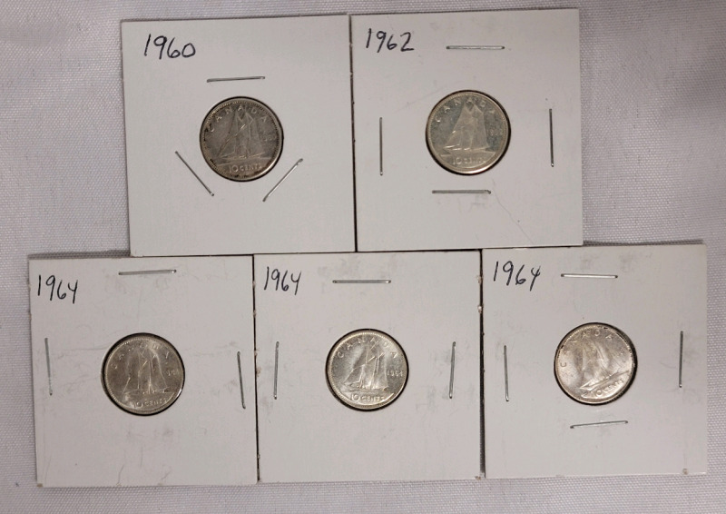 1960 - 1964 Canadian Silver Dimes . Five (5) Dimes in 2&times;2 Coin Holders