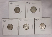 1960 - 1964 Canadian Silver Dimes . Five (5) Dimes in 2&times;2 Coin Holders
