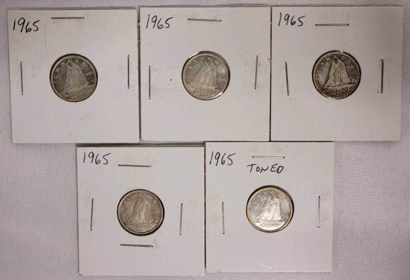 1965 Canadian Silver Dimes . Five (5) Dimes in 2&times;2 Coin Holders