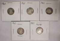1965 Canadian Silver Dimes . Five (5) Dimes in 2&times;2 Coin Holders