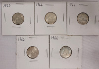 1966 Canadian Silver Dimes . Five (5) Dimes in 2&times;2 Coin Holders