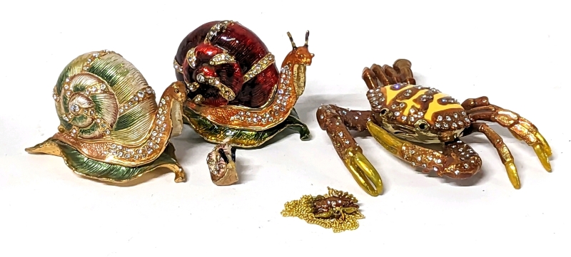 3 Enameled Trinket Boxes: Crab with Necklace & Snails with Mini-Me