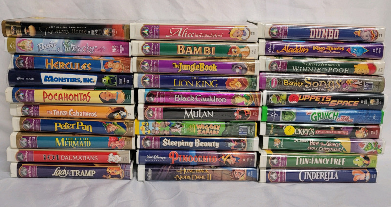 Disney & Other Children's VHS Movies , 30 Movies . Includes 80L Bin with Lid